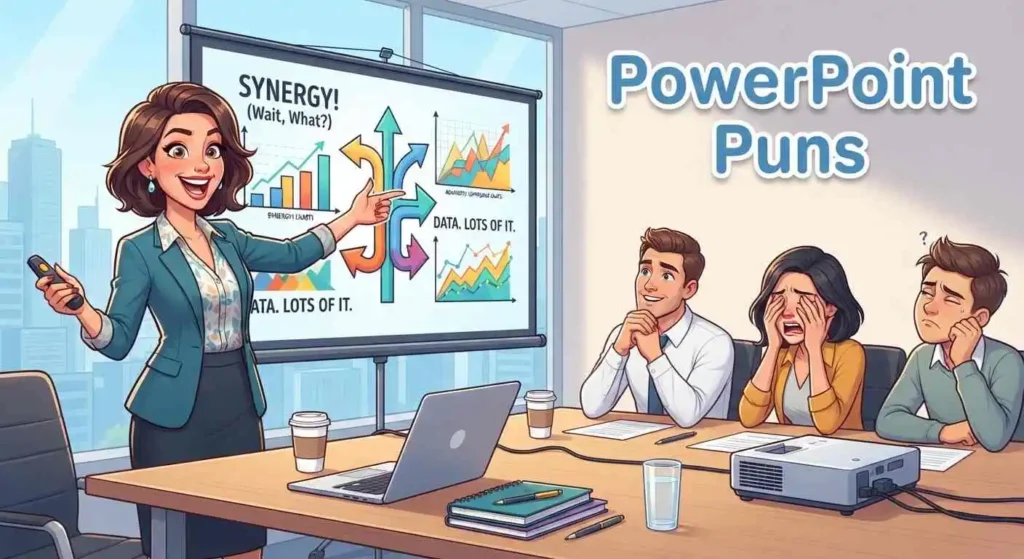 Funny presenter giving a PowerPoint presentation