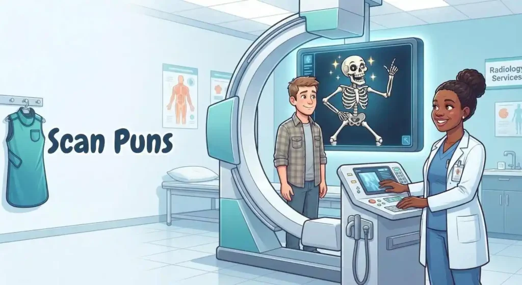 Funny patient getting X-ray scan