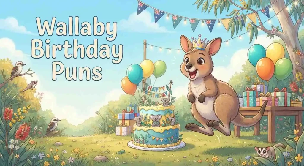 Create a vibrant family-friendly cartoon illustration of a cheerful wallaby celebrating its birthday at an outdoor Australian-themed garden party. The wallaby should be wearing a playful birthday crown and joyfully hopping beside a decorated birthday cake, with colorful balloons, wrapped presents, eucalyptus leaves, party bunting, and small Australian-inspired nature details around the scene. Use a dynamic action-focused composition with the wallaby caught mid-hop, viewed from a slightly low camera angle to make the character feel energetic and celebratory. Give the wallaby a delighted, surprised expression and make the birthday cake the secondary focal point. Use bright vibrant colors, professional vector-cartoon quality, subtle dimensional depth, highly detailed digital artwork, strong storytelling, clean negative space, Pinterest-worthy composition, and social-media-friendly visual appeal. Place “Wallaby Birthday Puns” in large readable typography within the open background area. No speech bubbles, no watermarks, no logos.